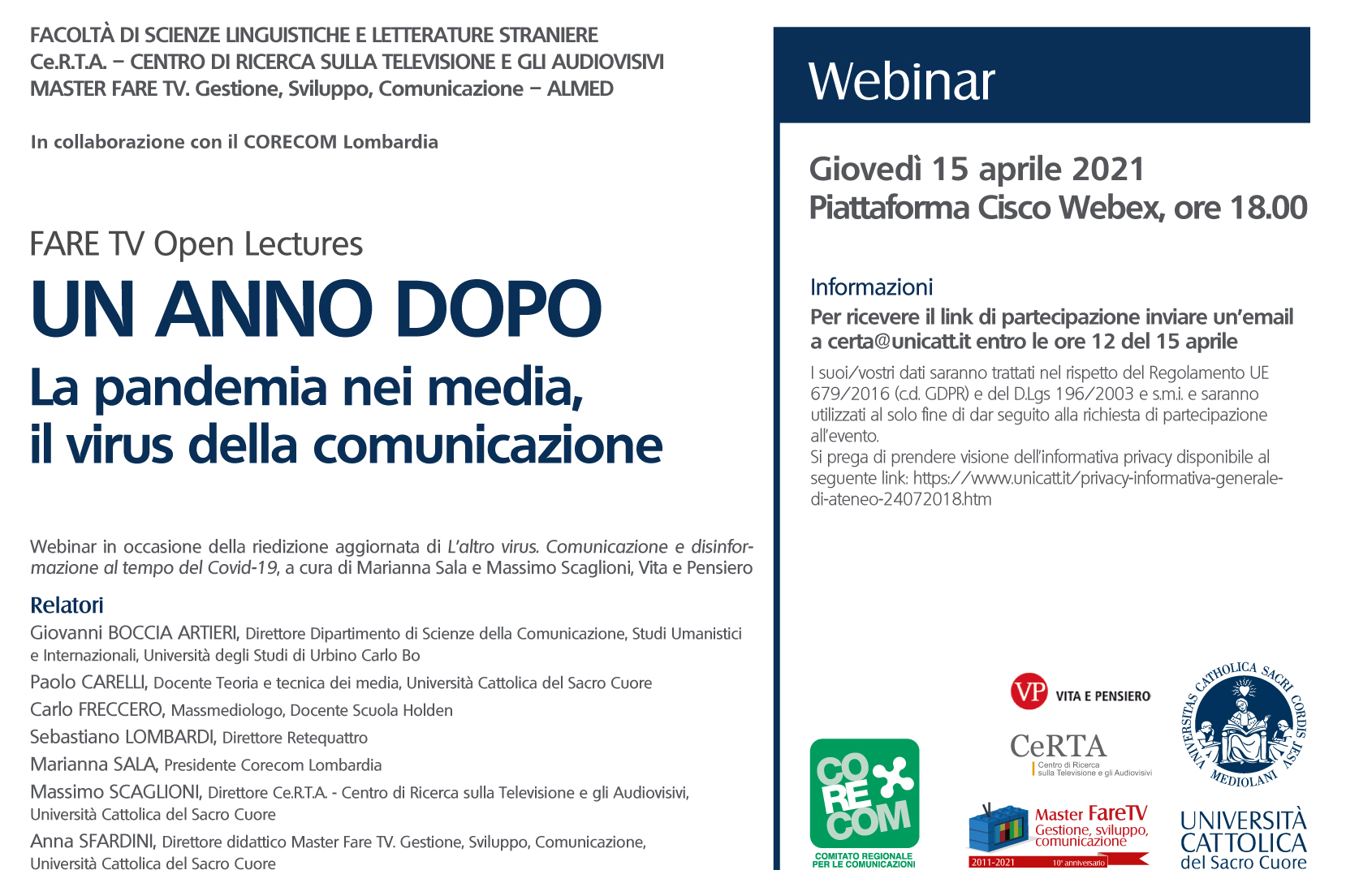 Webinar "UN ANNO DOPO - La pandemia nei media, il virus della comunicazione"